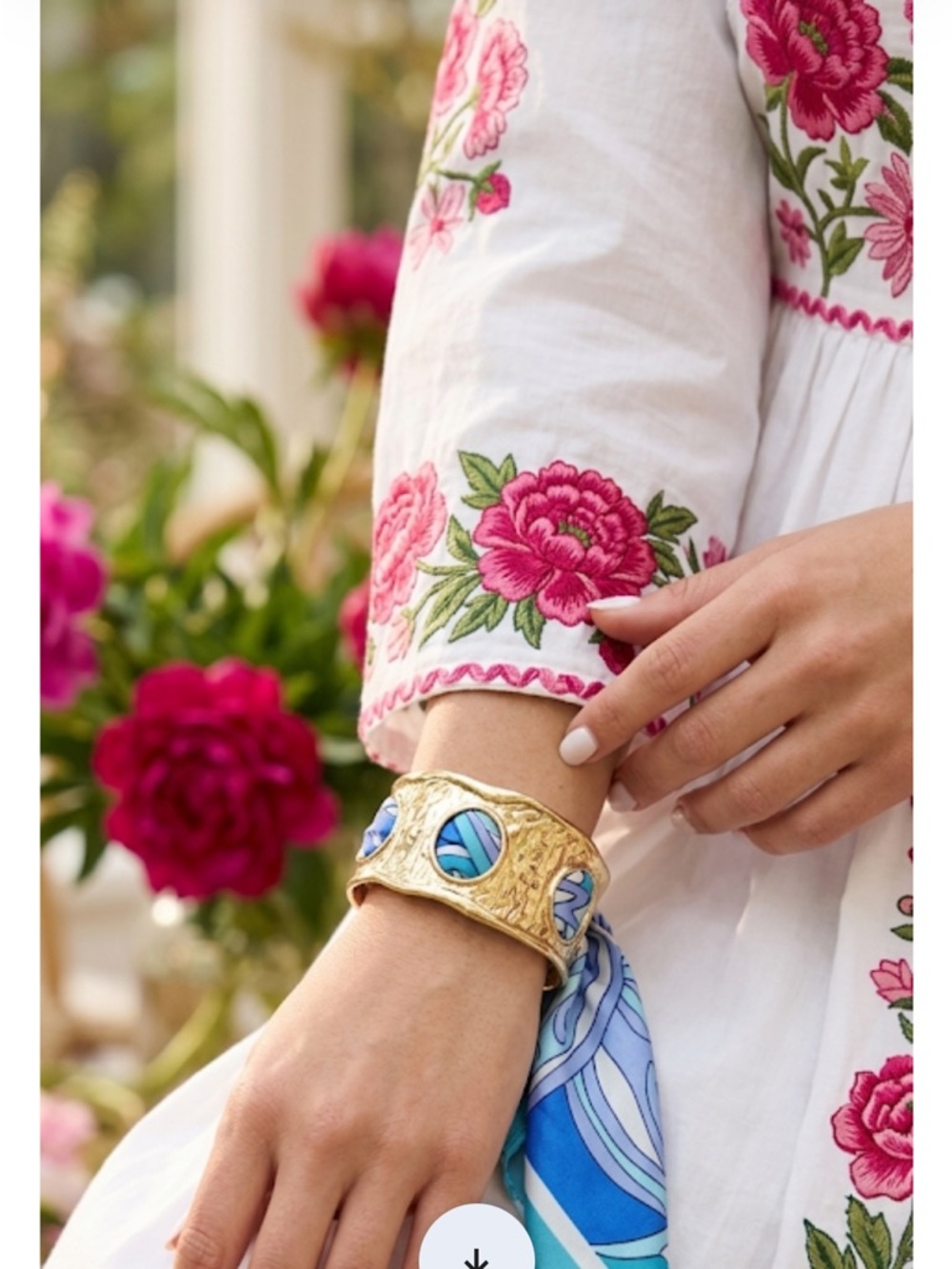 Gold-tone Cuff Bracelet with Blue Patterned Scarf Accent